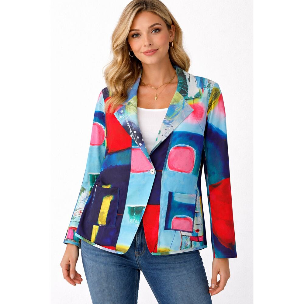 Lemon Grass Abstract Print Blazer XL Colorful Art Jacket Lightweight Statement